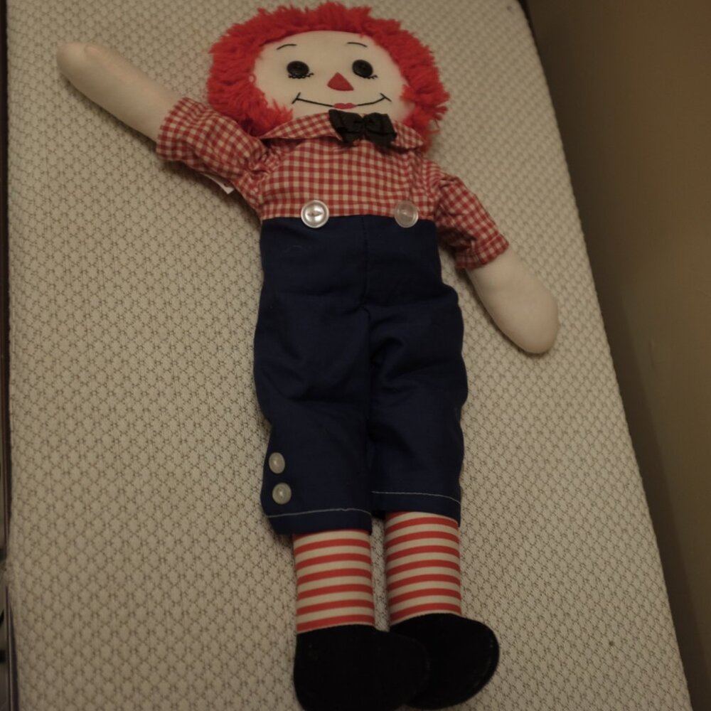 Vintage Raggedy Andy Cloth Doll with Red Yarn Hair and Bow Tie